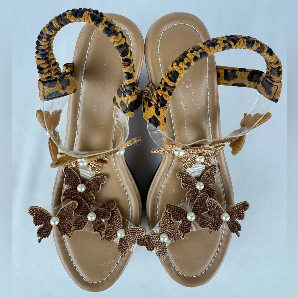 TEMU Branded Tan Wedges with Butterfly Straps